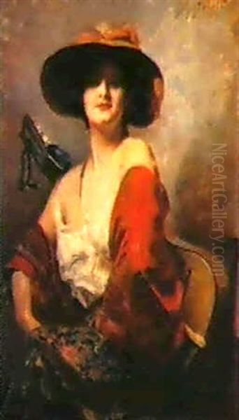 Dame Mit Hut Und Gitarre Oil Painting by Leopold Schmutzler