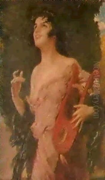 In Erwartung Des Echos (junge Frau Mit Lyra) Oil Painting by Leopold Schmutzler