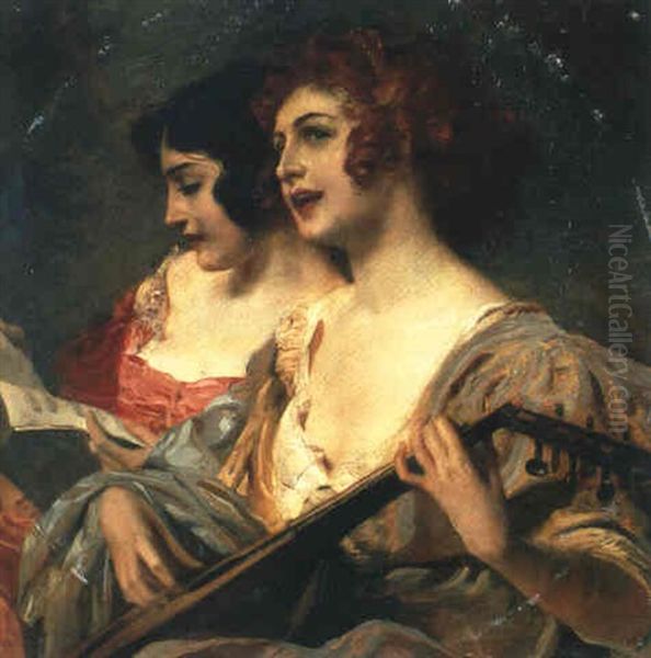 Musizierende Madchen Oil Painting by Leopold Schmutzler