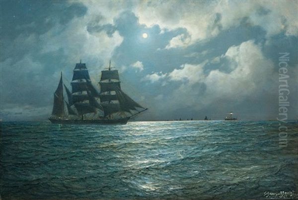 Tall Ship And Lightvessel Oil Painting by Carl Wilhelm Hugo Schnars-Alquist