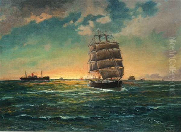 Ships In Sunset Oil Painting by Carl Wilhelm Hugo Schnars-Alquist