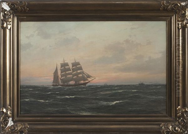 Ship On A Twilight Sea Oil Painting by Carl Wilhelm Hugo Schnars-Alquist