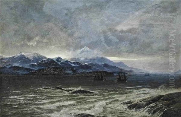 Shipping At Dusk Off The Coast Of Chile, With The Andes Beyond Oil Painting by Carl Wilhelm Hugo Schnars-Alquist