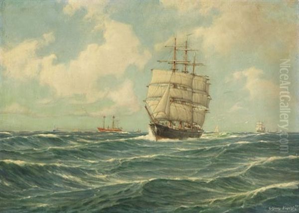 Vollschiff Und Feuerschiff In Der Elbmundung Oil Painting by Carl Wilhelm Hugo Schnars-Alquist