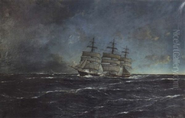 Vollschiff Auf See Bei Einbruch Der Nacht Oil Painting by Carl Wilhelm Hugo Schnars-Alquist