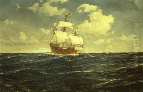 The Santa Maria, The Pinta And The Nina At Sea Oil Painting by Carl Wilhelm Hugo Schnars-Alquist