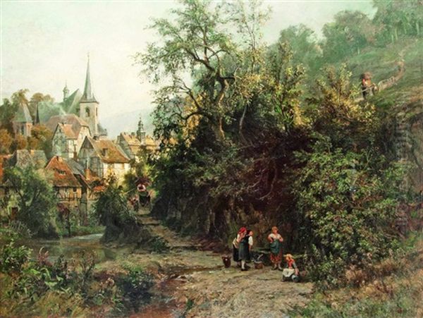 Laundresses Before The Village (stollberg / Harz) Oil Painting by Hermann Schnee