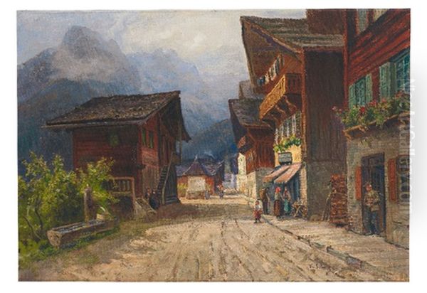 Blick In Die Dorfstrase Von Champery Im Wallis An Einem Sommertag Oil Painting by Hermann Schnee