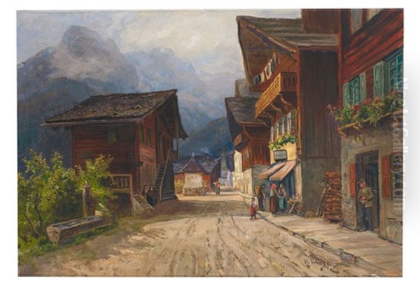 Blick In Die Dorfstrase Von Champery Im Wallis An Einem Sommertag Oil Painting by Hermann Schnee