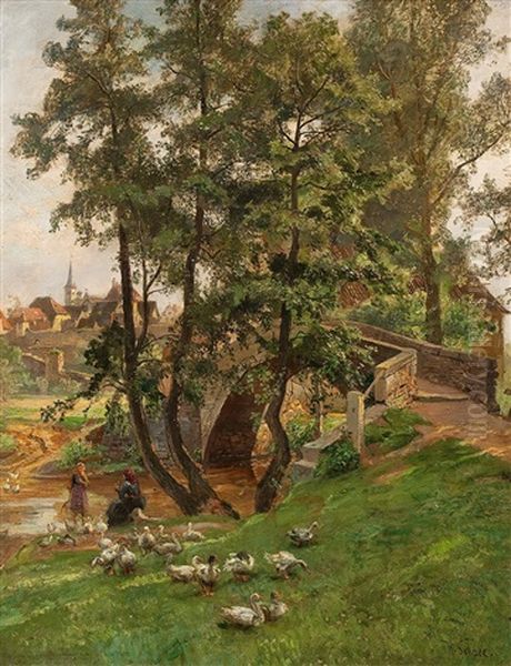 Gansemagde Am Bachlauf Oil Painting by Hermann Schnee