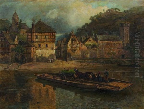 Dausenau An Der Lahn. Blick Uber Den Flus Auf Das Alte Stadtchen. Auf Dem Wasser Ein Fahrboot Oil Painting by Hermann Schnee