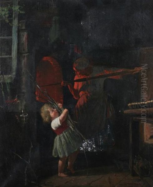 Tending The Brick Oven Oil Painting by Amable L. Schneider