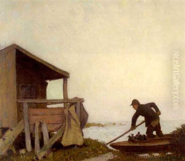 Duck Hunter Pushing Off Oil Painting by Arthur Schneider