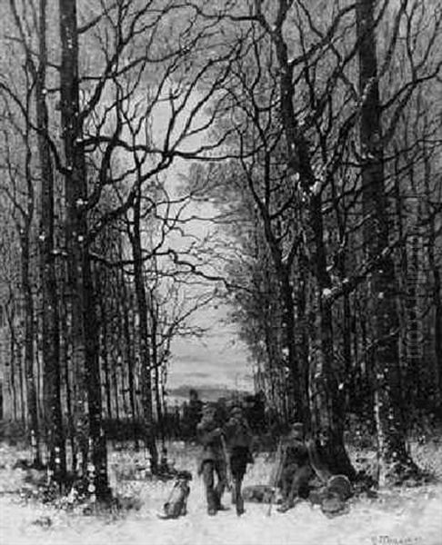 Rastende Jager Mit Hunden Im Winterwald Oil Painting by August (Gerhard A.) Schneider