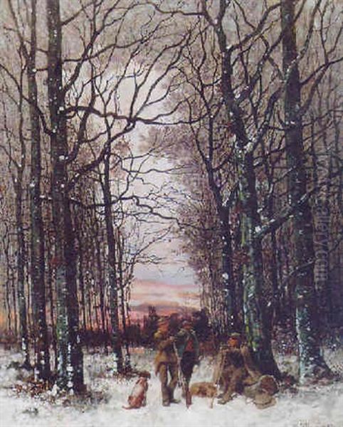 Huntsmen With Their Dogs In A Wooded Winter Landscape Oil Painting by August (Gerhard A.) Schneider