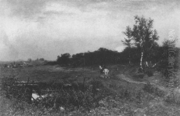 Abendstimmung Uber Hugeliger Landschaft Mit Schimmelreiter Und Stadtansicht In Einer Mulde Oil Painting by Bernhard Schneider