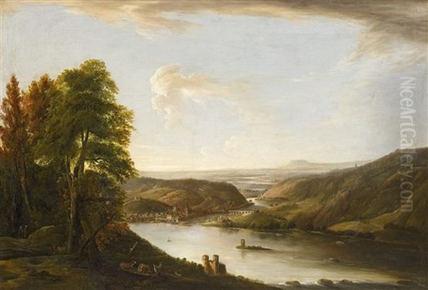 View Of Bingen And The Mouth Of The Nahe From Niederwald Oil Painting by Georg Schneider