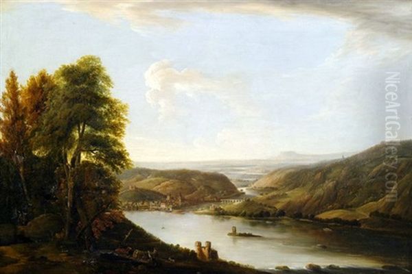 Rheinlandschaft Bei Bingen Und Bingerbruck Mit Der Nahemundung, Im Hintergrund Die Elisenhohe Oil Painting by Georg Schneider