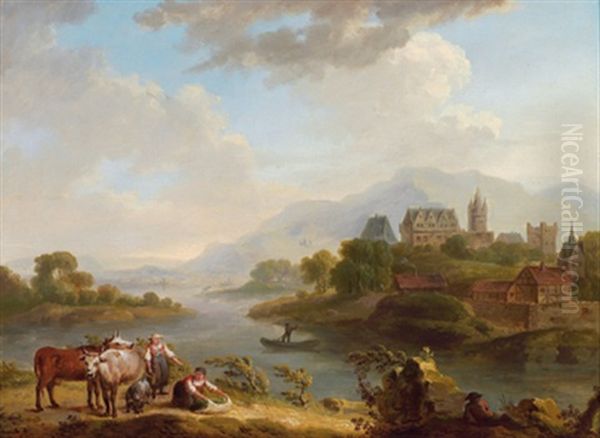 Rheinlandschaft Mit Einer Stadt Und Hirten (+ Rheinlandschaft Mit Einem Turm Und Kuhen; 2 Works) Oil Painting by Georg Schneider