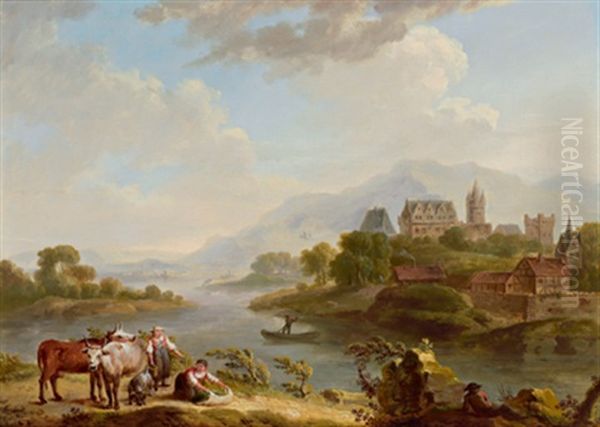 Rheinlandschaft Mit Einer Stadt Und Hirten Oil Painting by Georg Schneider