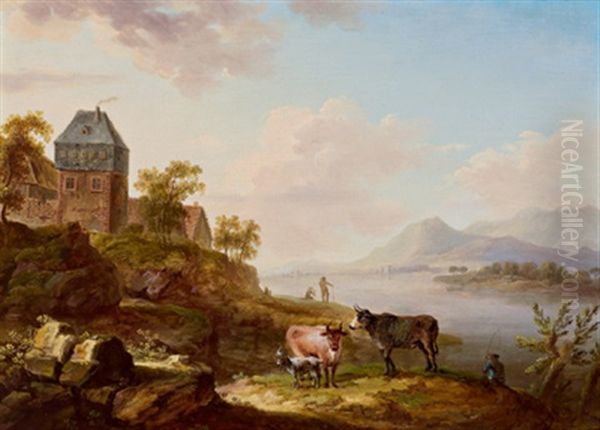 Rheinlandschaft Mit Einem Turm Und Kuhen Oil Painting by Georg Schneider