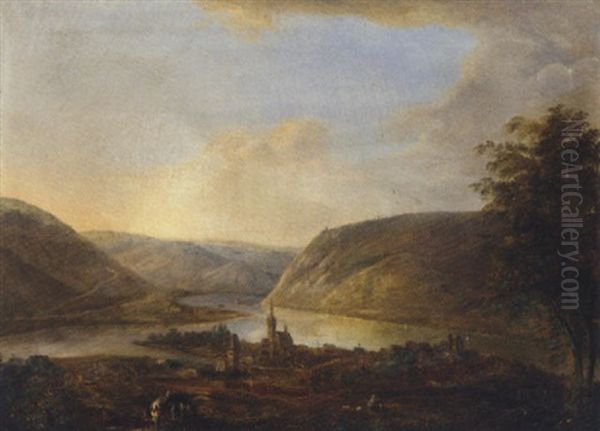 A Rhenish Landscape With Travellers On A Mountain Path Oil Painting by Georg Schneider