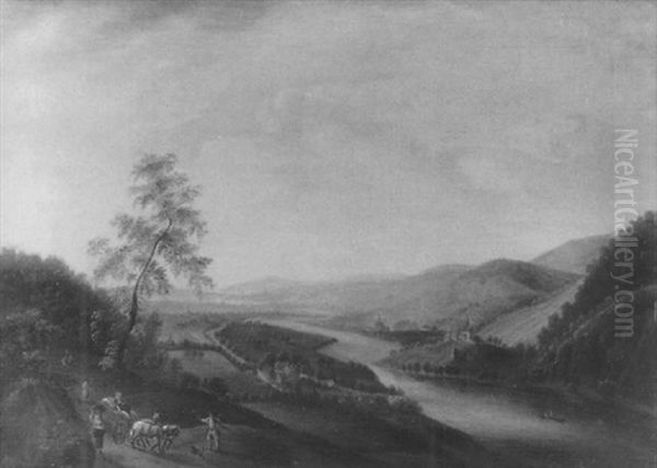 Rheinlandschaft Mit Pferdefuhrwerk Und Staffagen Oil Painting by Georg Schneider