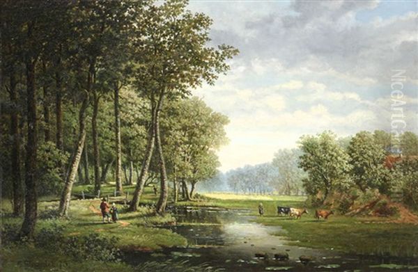 Sous-bois Anime D'une Bergere, De Vaches Et De Promeneurs Oil Painting by Gerard Auguste Schneider