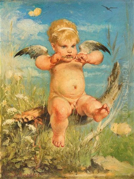 Putto In Sommerlichem Wiesengrund Oil Painting by Hermann Schneider