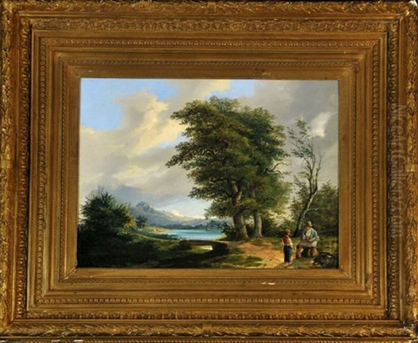 Pfeife Rauchender Herr Mit Knabe In Seenlandschaft Oil Painting by Johann Caspar Schneider