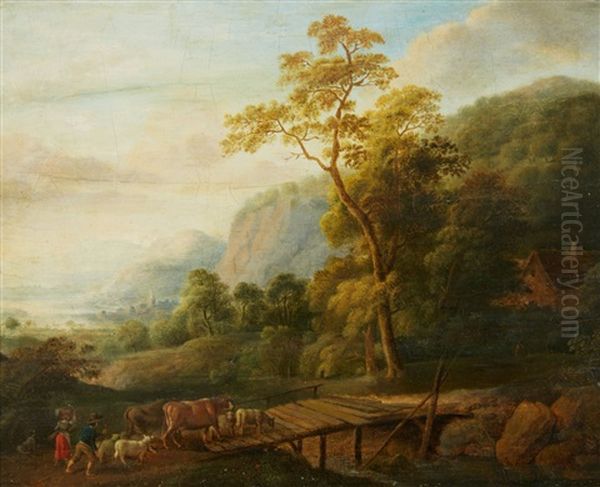 Rhenish Landscape With Cattle Oil Painting by Johann Caspar Schneider