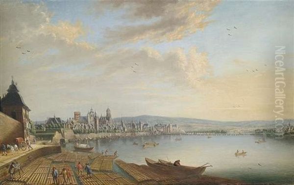 Blick Auf Mainz Vom Schloschen Der Kurfurstlichen Favorite Den Rhein Hinunter. Unten Links Selbstbildnis Des Kunstlers Von Hinten Vor Der Staffelei Oil Painting by Johann Caspar Schneider