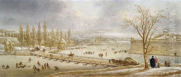 Der Munsterweiher In Mainz Im Winter Mit Zahlreichen Schlittschuhlaufern Und Weitem Blick In Die Umgebende Landschaft Oil Painting by Johann Caspar Schneider