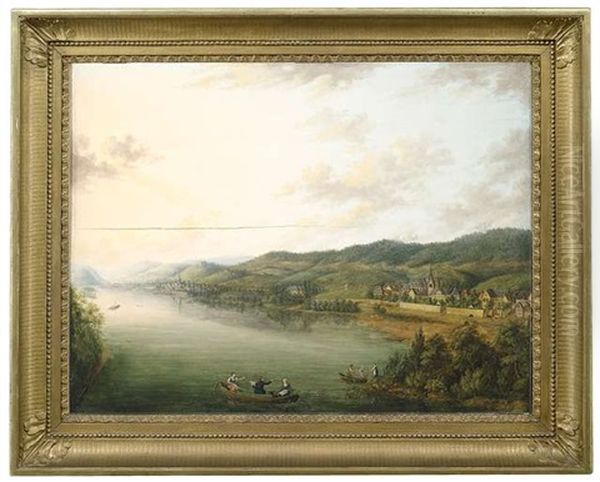 Weite Rheingaulandschaft Mit Stadten Und Weingarten Am Ufer, Im Bildhintergrund Oben Wohl Der Johannisberg Oil Painting by Johann Caspar Schneider