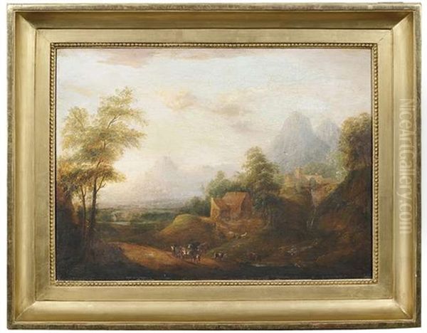 Weite Landschaft Mit Rinderherden Und Bauerngehoften, Im Hintergrund Ausblick In Eine Flusslandschaft. Weite Landschaft Mit Rinderherde Und Bauerngehoft An Einem Wasserfall (pair) Oil Painting by Johann Caspar Schneider