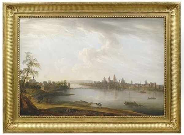 Ansichten Von Mainz Von Der Anderen Rheinseite Bei Mainz-kastel. Blick Auf Mainz Flusabwarts Von Kastel. Blick Auf Mainz Vom Ende Der Schiffsbrucke (pair) Oil Painting by Johann Caspar Schneider