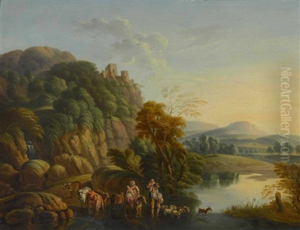 Rheinlandschaft. Flussuberquerung Einer Bauernfamilie Mit Ihrem Vieh Oil Painting by Johann Caspar Schneider