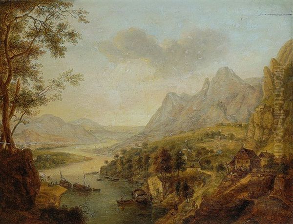 Flusslandschaft Mit Booten Oil Painting by Johann Caspar Schneider