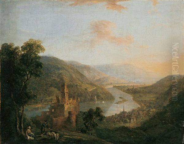 Mittelrheinlandschaft Bei Bacharach Mit Der Ruine Sooneck Oil Painting by Johann Caspar Schneider