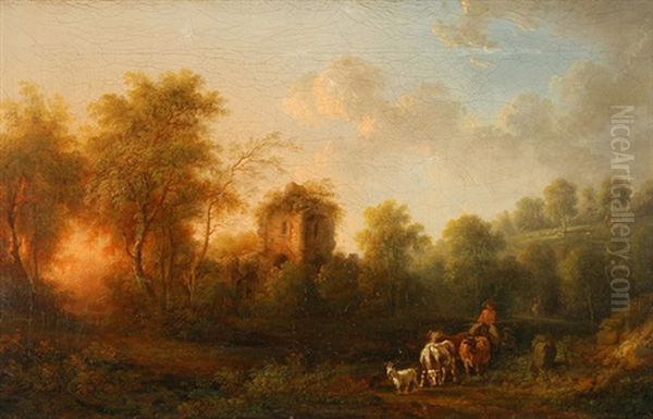 Ruinenlandschaft Mit Hirten, Kuhen Und Ziegen Oil Painting by Johann Caspar Schneider