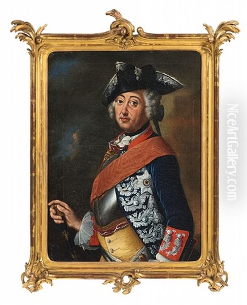 Portrait Of King Frederick Ii Of Prussia (collab. W/workshop) Oil Painting by Johann Leonhard Schneider