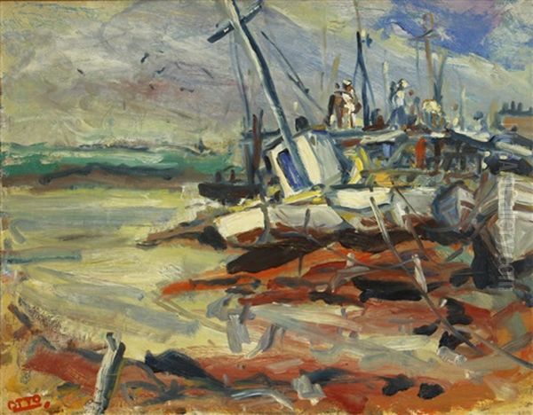 Harbor Scene Oil Painting by Otto Henry Schneider