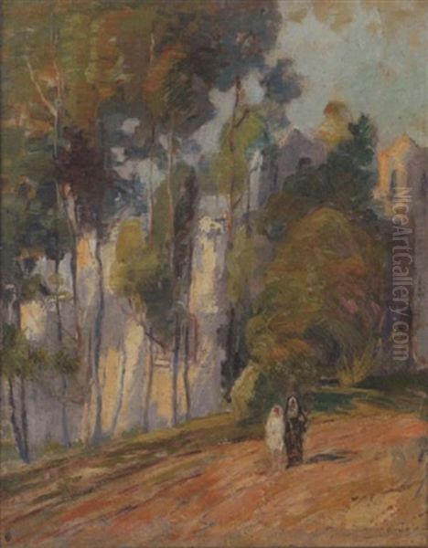 Two Figures On A Wooded Path Oil Painting by Otto Henry Schneider