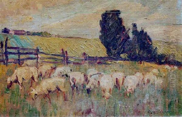 Pastoral Scene With Grazing Sheep Oil Painting by Otto Henry Schneider