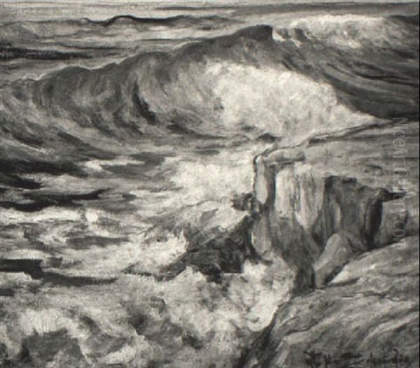 Seven Foot High Tide, Sunset Cliffs, Ocean Beach Oil Painting by Otto Henry Schneider