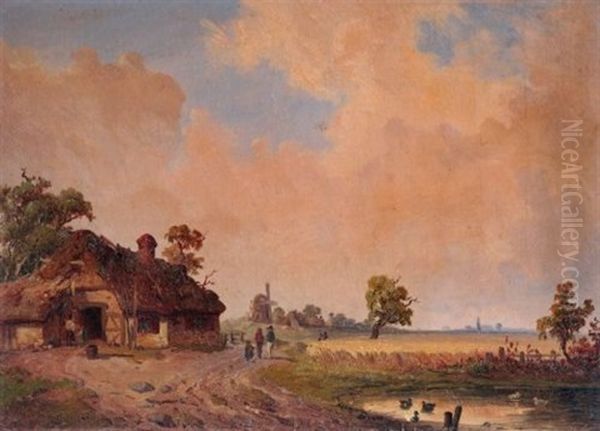 Landschaft Mit Bauerlichem Haus Und Weiher Oil Painting by Wilhelm Heinrich Schneider