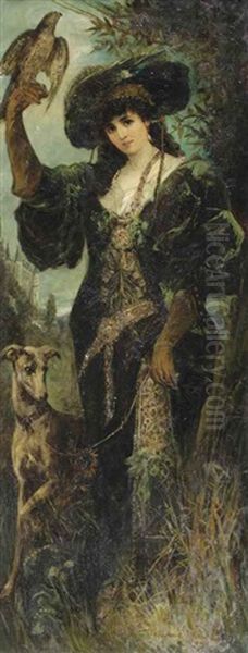 A Lady With A Falcon And A Dog Oil Painting by Wilhelm Heinrich Schneider