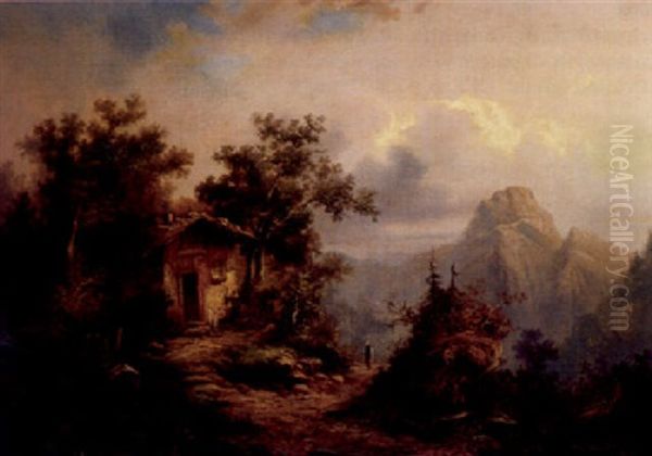 Abendliche Alpenlandschaft Mit Malerischem Haus Und Personenstaffage Oil Painting by Wilhelm Heinrich Schneider