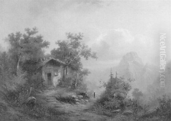 Berglandschaft Mit Hutte Oil Painting by Wilhelm Heinrich Schneider