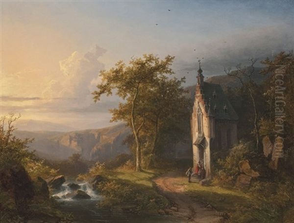 Landscape With A Chapel And A Stream Oil Painting by  Schneiders van Greyffenswerth, Bonifacius Cornelis